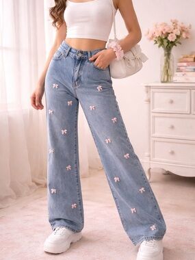 Disclosure Closure Bow Embellished Jeans Coquette Wide Leg Denim 3/26 Soft Girl